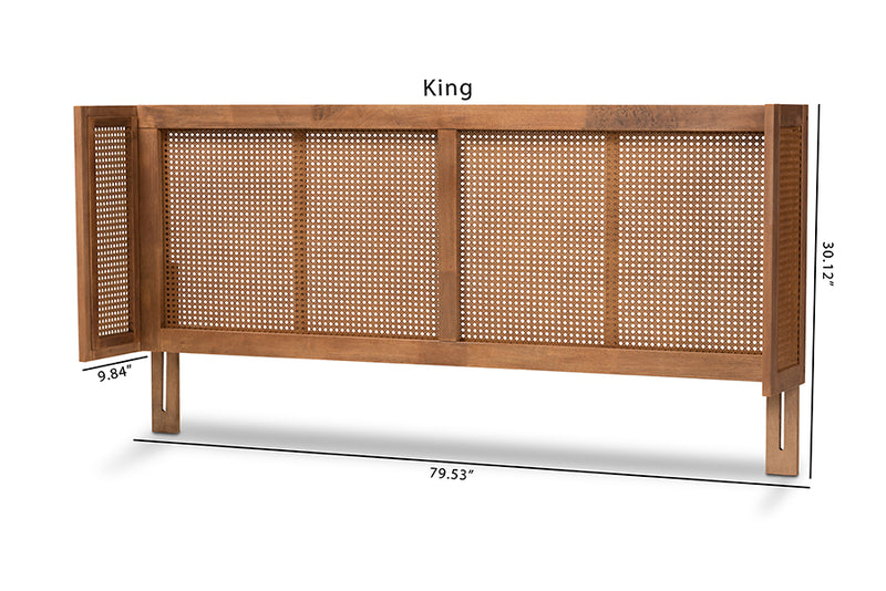 Sedona Mid-Century Modern Ash Wanut Finished Wood and Synthetic Rattan Full Size Wrap-Around Headboard