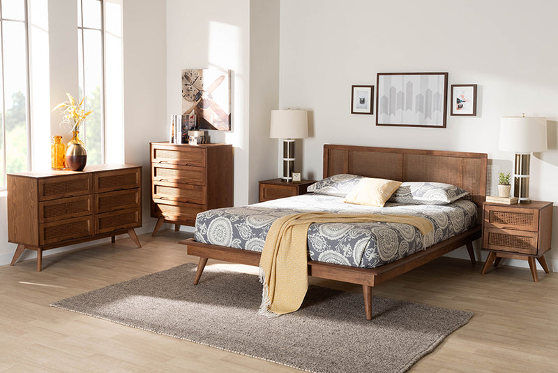 Brady Mid-Century Modern Walnut Brown Finished Wood and Rattan Full Size 5-Piece Bedroom Set