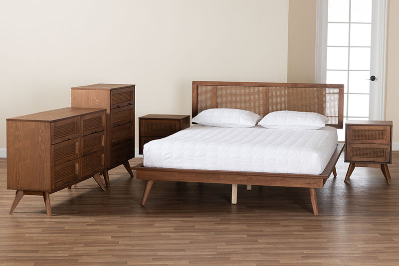 Brady Mid-Century Modern Walnut Brown Finished Wood and Rattan Full Size 5-Piece Bedroom Set