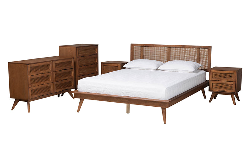 Brady Mid-Century Modern Walnut Brown Finished Wood and Rattan Full Size 5-Piece Bedroom Set