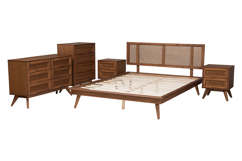 Brady Mid-Century Modern Walnut Brown Finished Wood and Rattan Full Size 5-Piece Bedroom Set