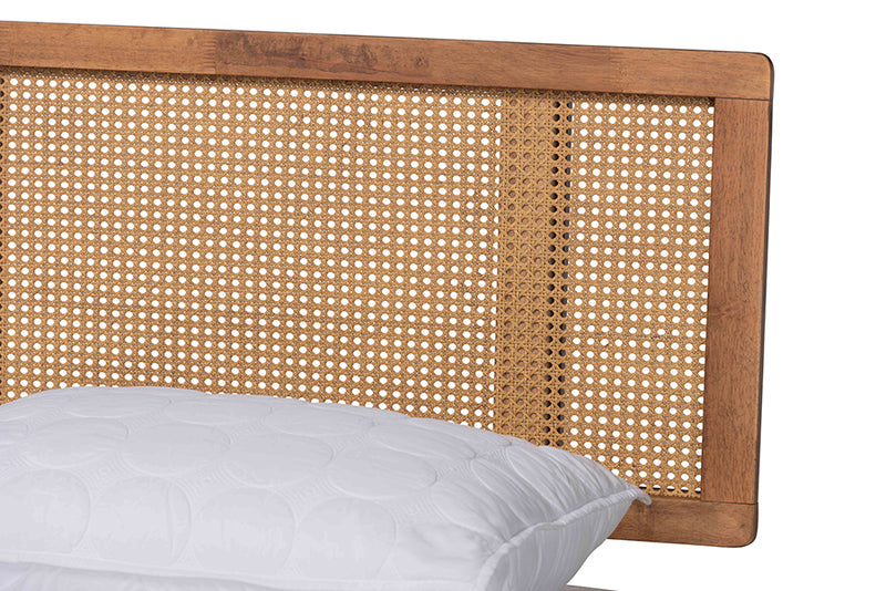 Brady Mid-Century Modern Walnut Brown Finished Wood and Rattan Full Size 5-Piece Bedroom Set