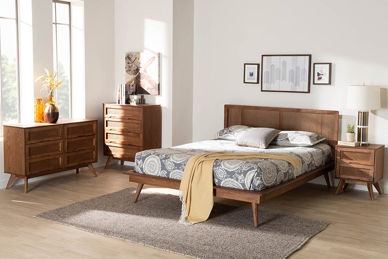 Brady Walnut Brown and Rattan Queen Size 4Pc Bedroom Set Baxton