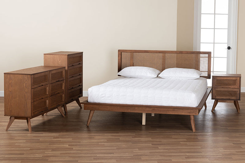 Brady Walnut Brown and Rattan Queen Size 4Pc Bedroom Set Baxton