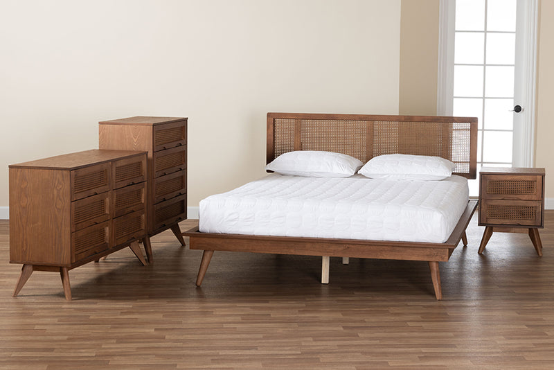 Brady Mid-Century Modern Walnut Brown Finished Wood and Rattan Full Size 4-Piece Bedroom Set