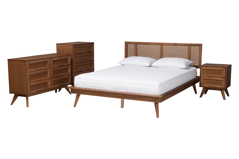 Brady Mid-Century Modern Walnut Brown Finished Wood and Rattan Queen Size 4-Piece Bedroom Set