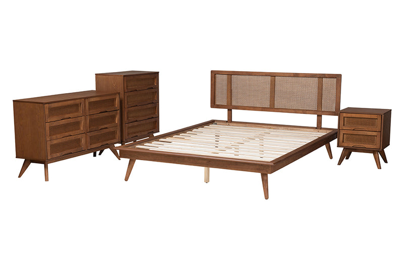 Brady Mid-Century Modern Walnut Brown Finished Wood and Rattan Full Size 4-Piece Bedroom Set