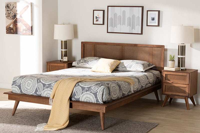 Brady Walnut Brown and Rattan Queen Size 3-Piece Bedroom Set Baxton