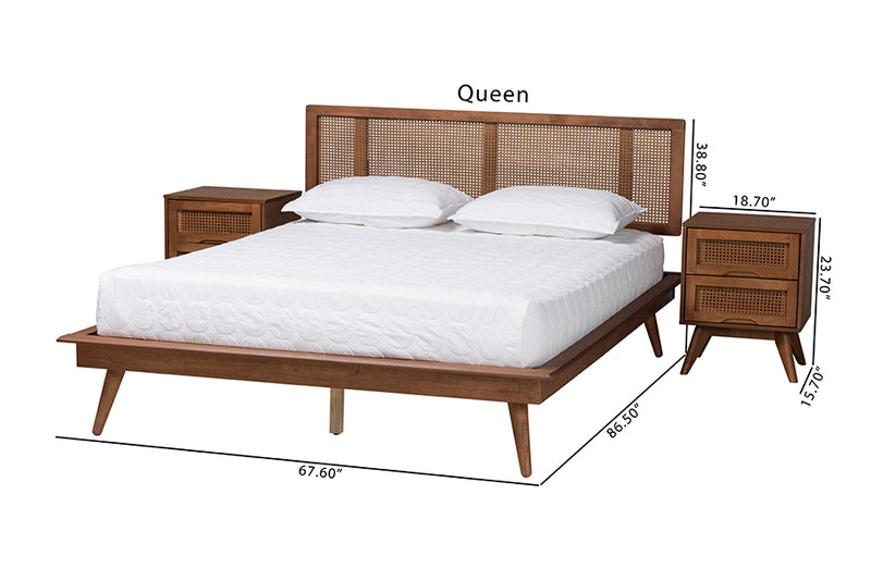 Brady Mid-Century Modern Walnut Brown Finished Wood and Rattan Full Size 3-Piece Bedroom Set