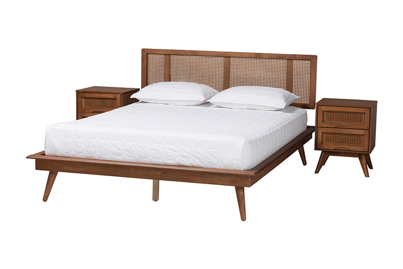 Brady Mid-Century Modern Walnut Brown Finished Wood and Rattan Full Size 3-Piece Bedroom Set