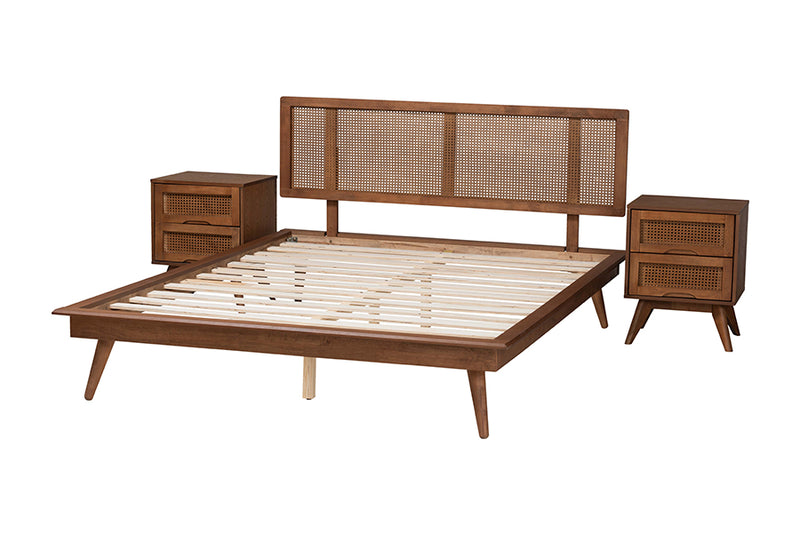 Brady Mid-Century Modern Walnut Brown Finished Wood and Rattan Full Size 3-Piece Bedroom Set