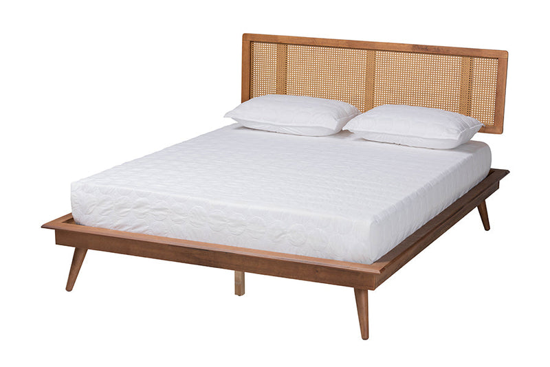 Brady Walnut Brown and Rattan Queen Size 3-Piece Bedroom Set Baxton
