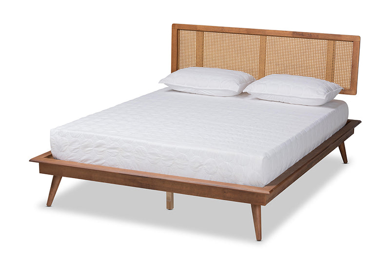 Brady Mid-Century Modern Walnut Brown Finished Wood and Synthetic Rattan Queen Size Platform Bed