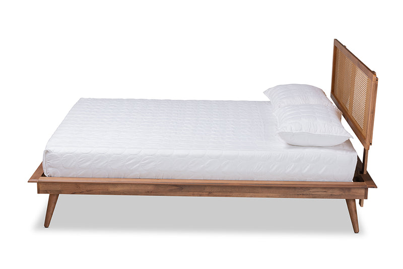 Brady Mid-Century Modern Walnut Brown Finished Wood and Synthetic Rattan Queen Size Platform Bed