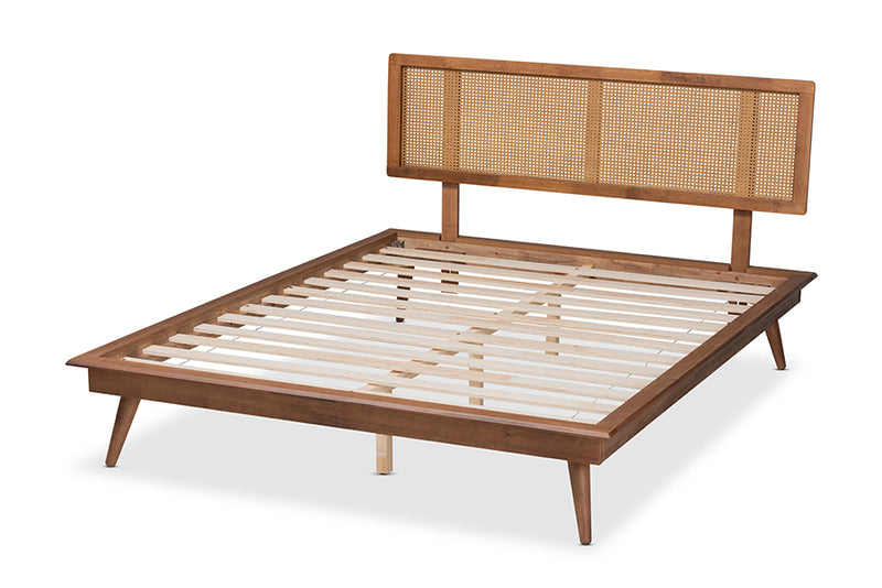 Brady Mid-Century Modern Walnut Brown Finished Wood and Synthetic Rattan Queen Size Platform Bed