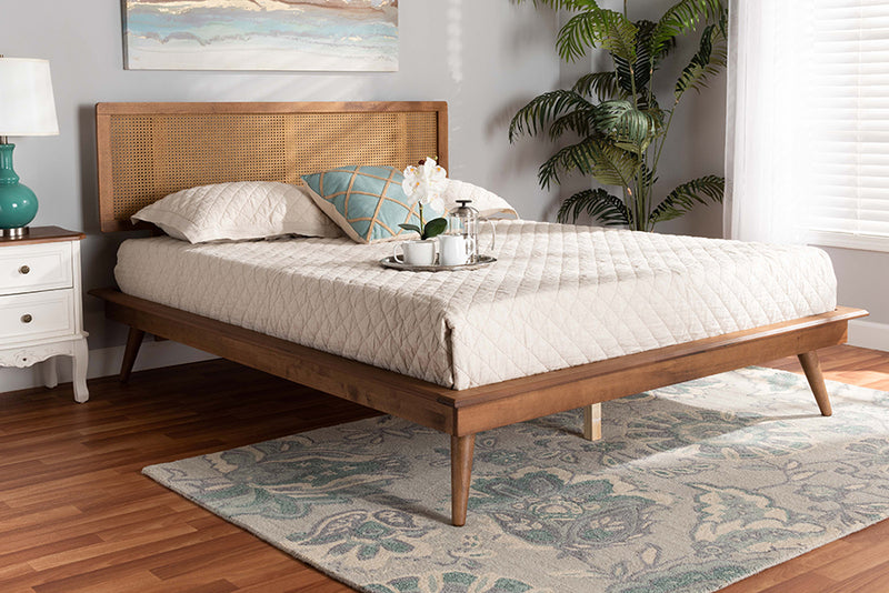 Brady Mid-Century Modern Walnut Brown Finished Wood and Synthetic Rattan Queen Size Platform Bed