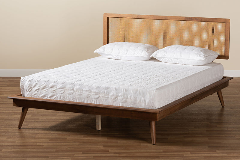 Brady Mid-Century Modern Walnut Brown Finished Wood and Synthetic Rattan King Size Platform Bed