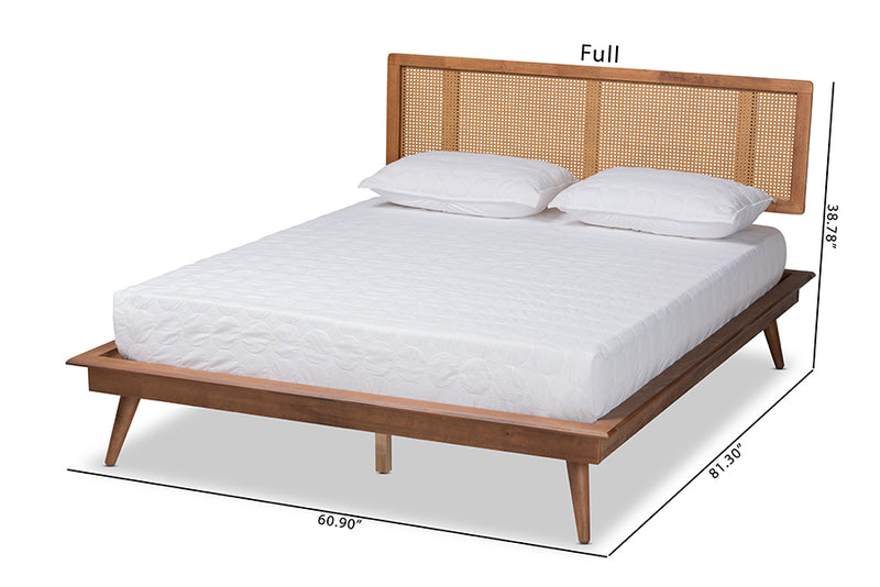 Brady Mid-Century Modern Walnut Brown Finished Wood and Synthetic Rattan Queen Size Platform Bed