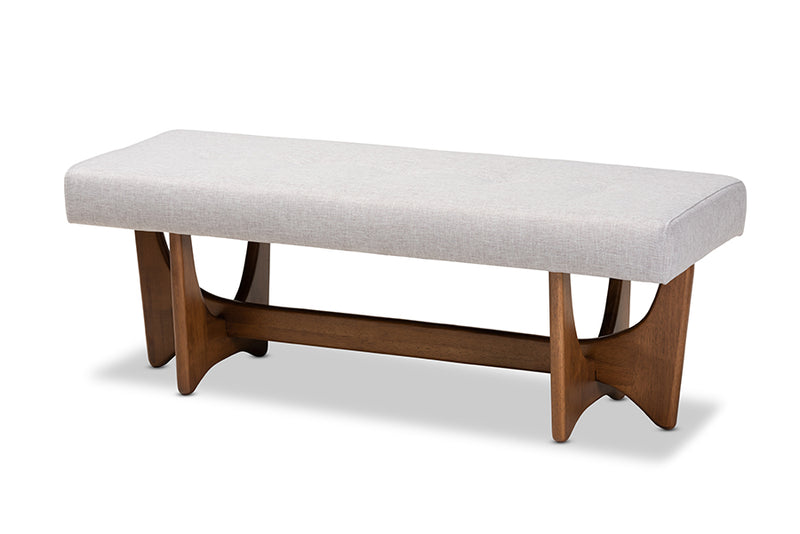 Porsha Mid-Century Modern Greyish Beige Fabric Upholstered Walnut Finished Bench