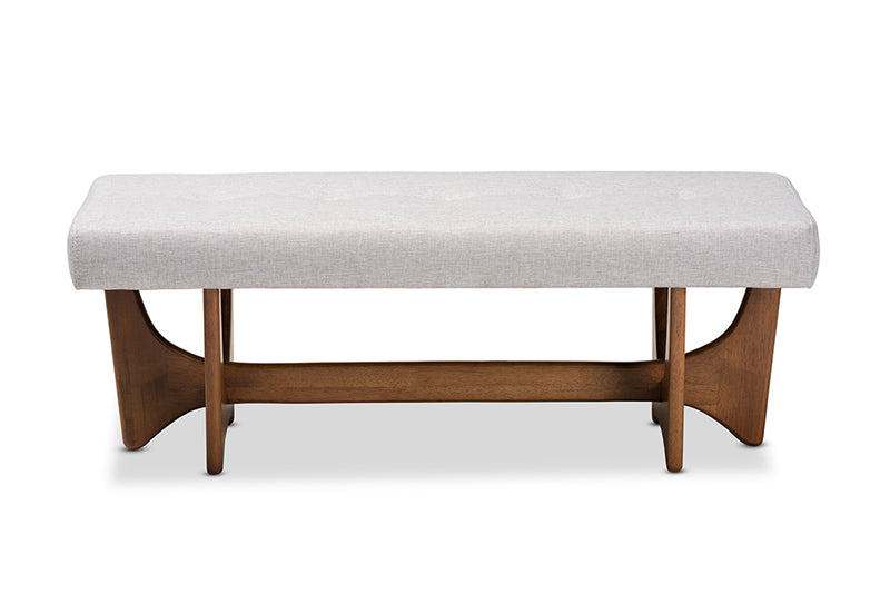 Porsha Mid-Century Modern Greyish Beige Fabric Upholstered Walnut Finished Bench