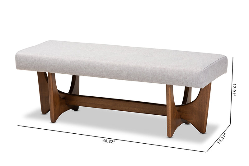 Porsha Mid-Century Modern Greyish Beige Fabric Upholstered Walnut Finished Bench