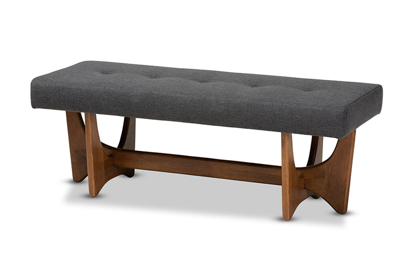 Porsha Mid-Century Modern Dark Gray Fabric Upholstered Walnut Finished Bench