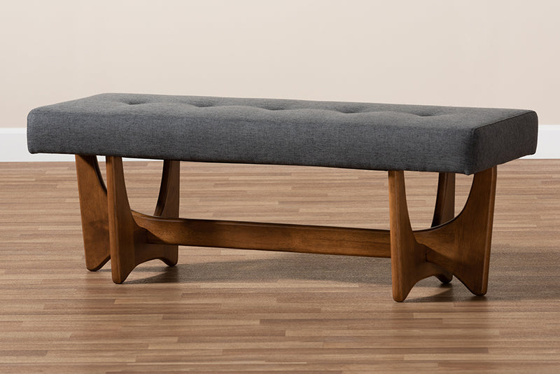 Porsha Mid-Century Modern Dark Gray Fabric Upholstered Walnut Finished Bench