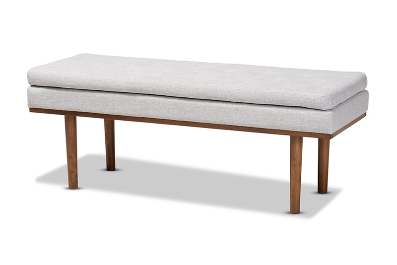 Aurora Mid-Century Modern Greyish Beige Fabric Upholstered Walnut Finished Bench