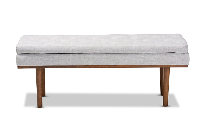 Aurora Mid-Century Modern Greyish Beige Fabric Upholstered Walnut Finished Bench