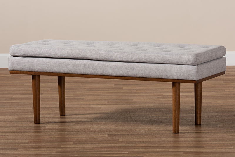 Aurora Mid-Century Modern Greyish Beige Fabric Upholstered Walnut Finished Bench