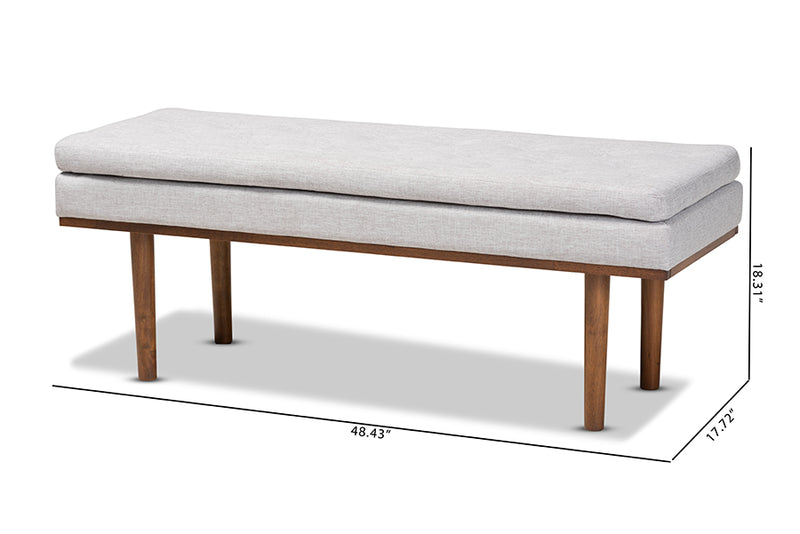 Aurora Mid-Century Modern Greyish Beige Fabric Upholstered Walnut Finished Bench