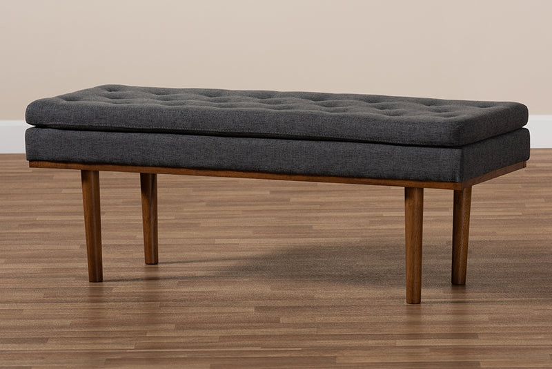 Aurora Mid-Century Modern Dark Gray Fabric Upholstered Walnut Finished Bench