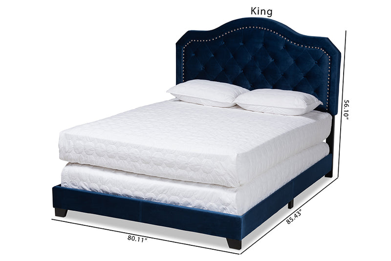 Oakes Modern and Contemporary Navy Blue Velvet Fabric Upholstered Queen Size Button Tufted Bed