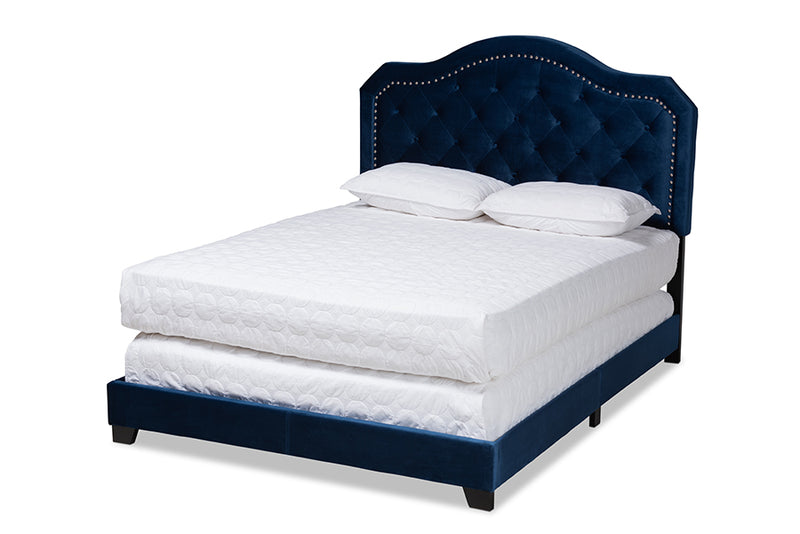 Oakes Modern and Contemporary Navy Blue Velvet Fabric Upholstered Queen Size Button Tufted Bed