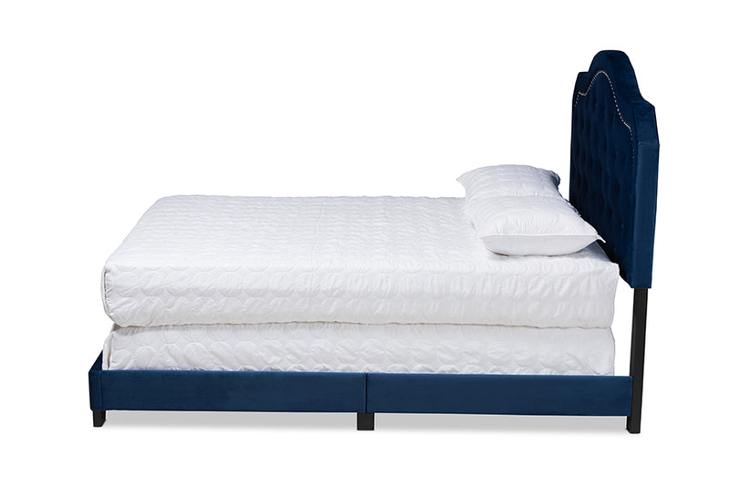 Oakes Modern and Contemporary Navy Blue Velvet Fabric Upholstered Queen Size Button Tufted Bed