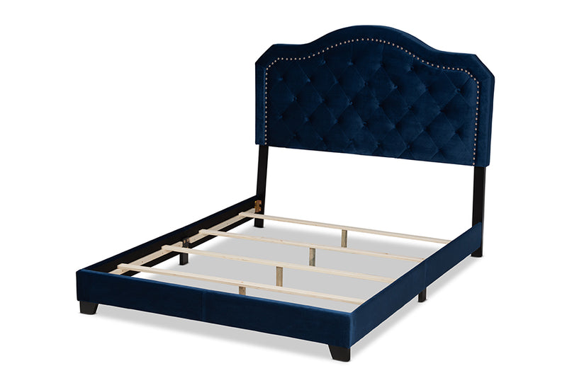 Oakes Modern and Contemporary Navy Blue Velvet Fabric Upholstered Queen Size Button Tufted Bed