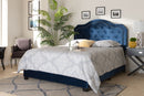 Oakes Navy Blue Velvet Fabric Upholstered Queen Size Button Tufted Bed Baxton