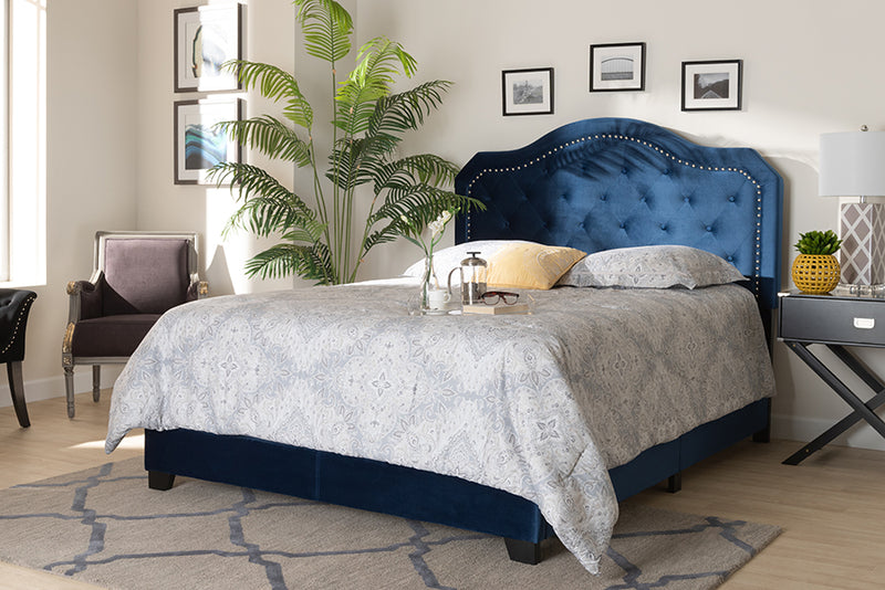 Oakes Modern and Contemporary Navy Blue Velvet Fabric Upholstered Queen Size Button Tufted Bed