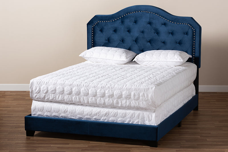 Oakes Modern and Contemporary Navy Blue Velvet Fabric Upholstered Queen Size Button Tufted Bed