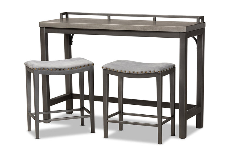 Elladio Gray Fabric Upholstered 3-Piece Multipurpose Metal Counter Table Set Baxton