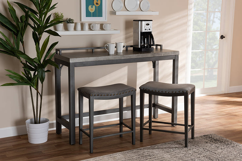 Elladio Gray Fabric Upholstered 3-Piece Multipurpose Metal Counter Table Set Baxton
