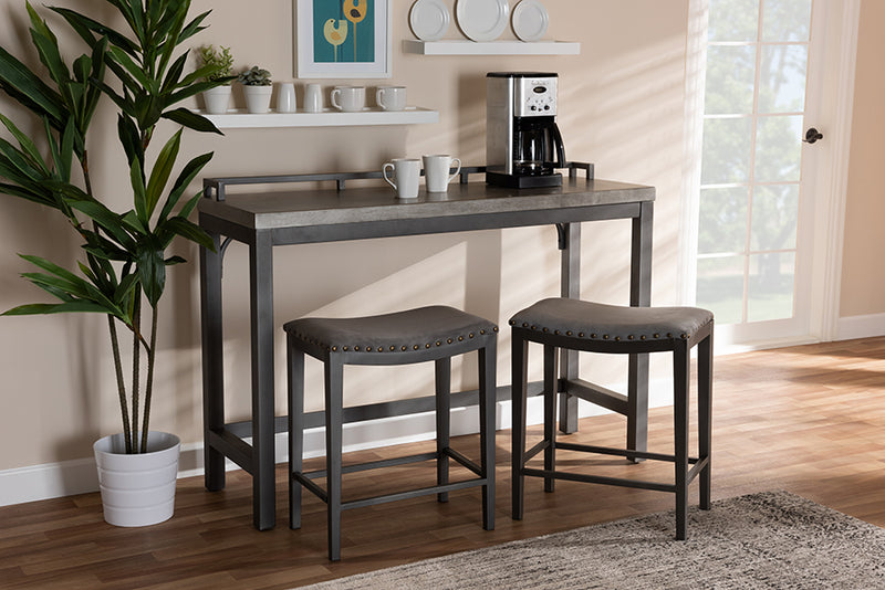 Elladio Modern and Contemporary Gray Fabric Upholstered 3-Piece Multipurpose Metal Counter Table Set