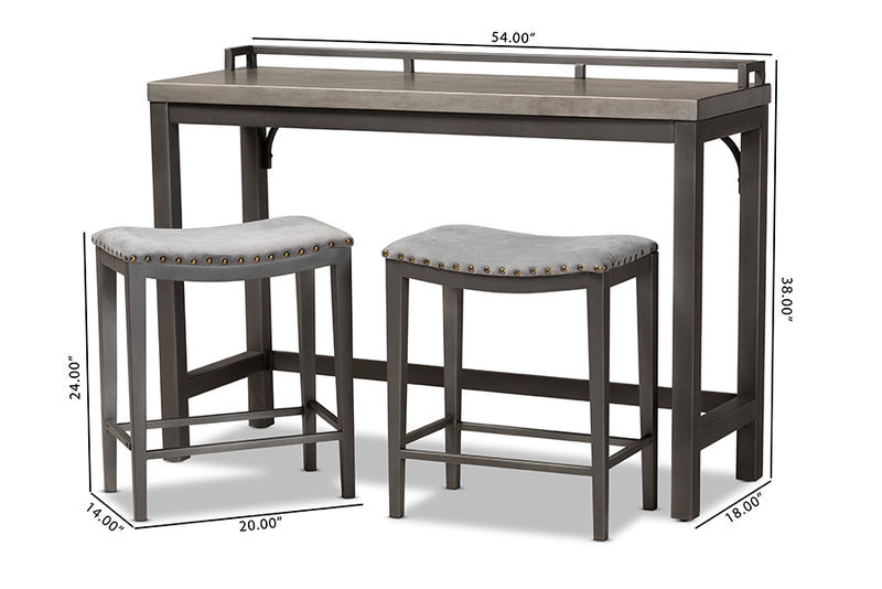 Elladio Modern and Contemporary Gray Fabric Upholstered 3-Piece Multipurpose Metal Counter Table Set