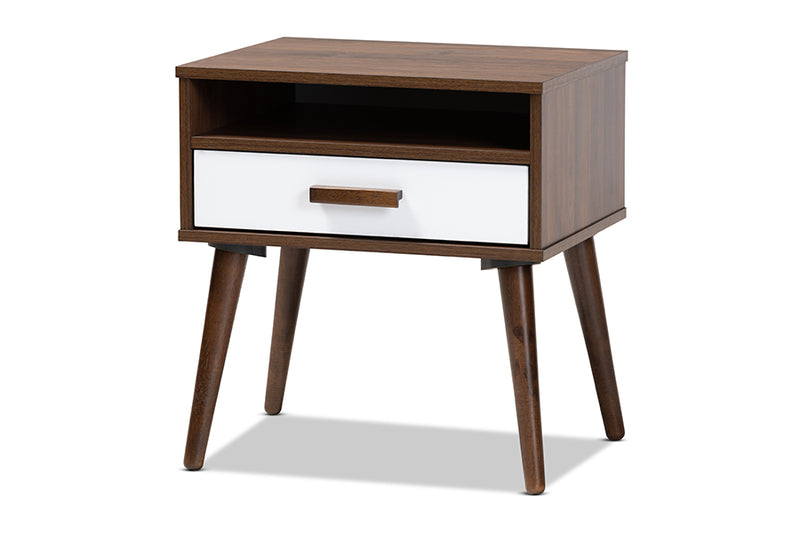 Rasa Mid-Century Modern Two-Tone White and Walnut Finished 1-Drawer Wood End Table