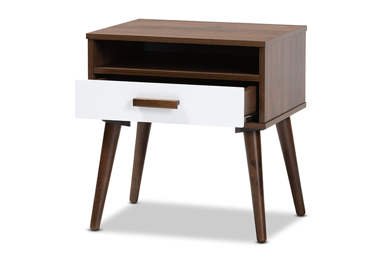 Rasa Mid-Century Modern Two-Tone White and Walnut Finished 1-Drawer Wood End Table