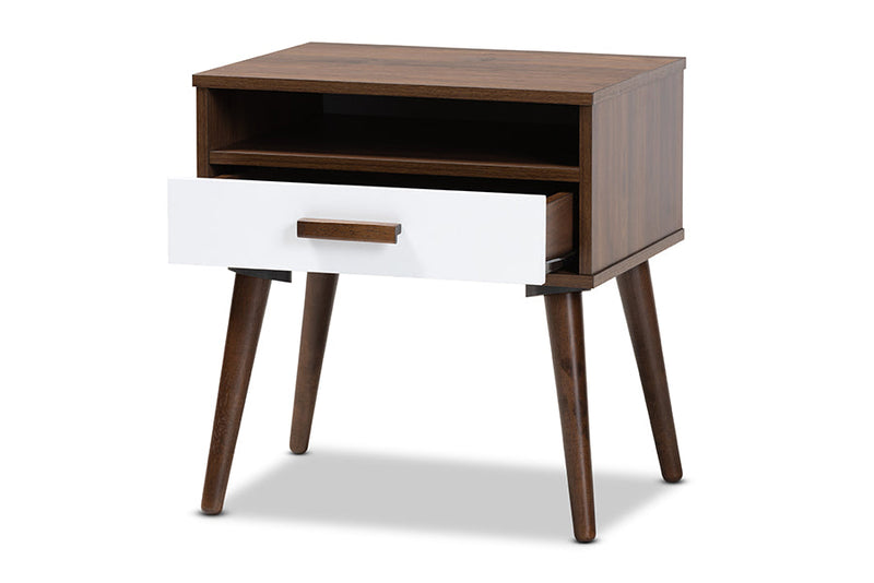 Rasa Two-Tone White and Walnut Finished 1-Drawer Wood End Table Baxton