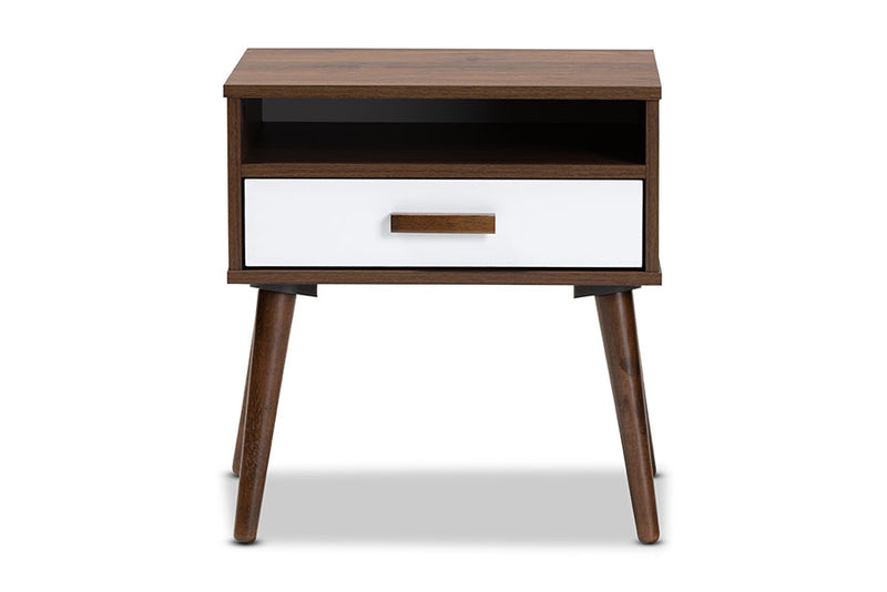 Rasa Two-Tone White and Walnut Finished 1-Drawer Wood End Table Baxton