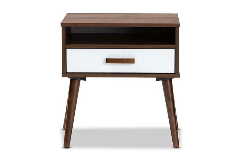 Rasa Mid-Century Modern Two-Tone White and Walnut Finished 1-Drawer Wood End Table