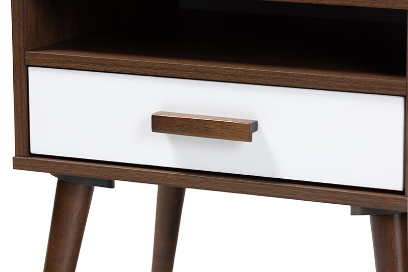 Rasa Mid-Century Modern Two-Tone White and Walnut Finished 1-Drawer Wood End Table