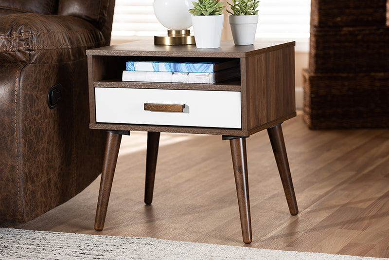 Rasa Mid-Century Modern Two-Tone White and Walnut Finished 1-Drawer Wood End Table